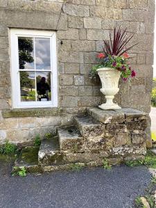 un vaso con fiori seduto sul lato di un edificio di Bird In Bush Elsdon a Elsdon