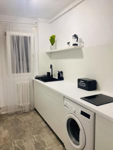 a white kitchen with a washing machine and a sink at Nono's apartament in Cluj-Napoca