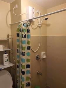 y baño con ducha y cortina de ducha. en MARIDAN AVIDA CONDO en Iloílo