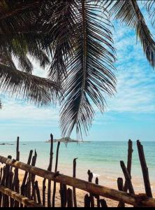 a beach with a palm tree and birds on the beach at CocoVilla Boutique Resort in Beruwala