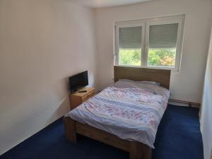 Dormitorio pequeño con cama y TV en Guest house Sistem en Brčko
