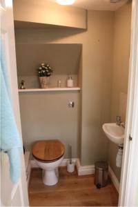 ein Badezimmer mit einem WC aus Holz und einem Waschbecken in der Unterkunft Coddiwomple in Leyburn