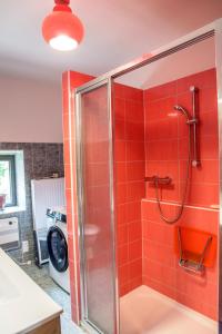 a shower in a bathroom with red tile at Wellness chalupa Podolí in Mladá Vožice