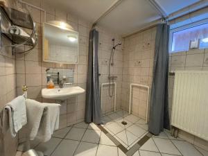 y baño con ducha y lavamanos. en Apartment Résidence jaune et rose-1 by Interhome, en Marckolsheim