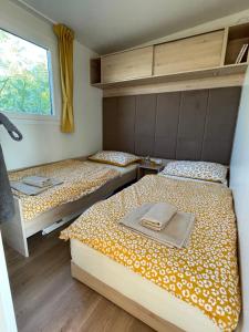 two beds in a small room with a window at Sha-Shaaa Luxury Mobile Home - Terra Park SpiritoS in Kolan
