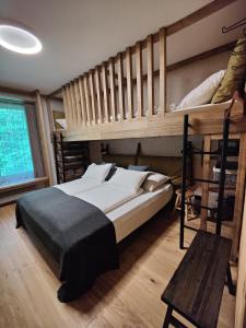 sypialnia z 2 łóżkami piętrowymi i łóżkiem w obiekcie Chalet SALAMANDRA w Bańskiej Szczawnicy