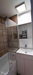 a small bathroom with a shower and a sink at Birds Nest Residency in London