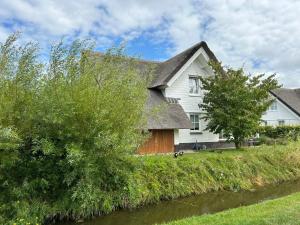 een huis met een rieten dak naast een rivier bij Holiday Home Tapuit 8-1 by Interhome in Noordwijk