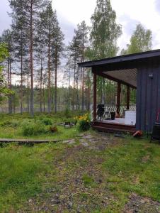 eine Hütte inmitten eines Feldes mit Bäumen in der Unterkunft Mökki Mannervaarassa, Joensuussa in Mannervaara