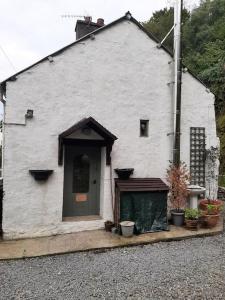 una piccola casa bianca con una porta e alcune piante di Y Smithy a Llanybyther