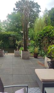 a patio with benches and trees in a garden at Canal Garden Apartment StayWell Amsterdam in Amsterdam
