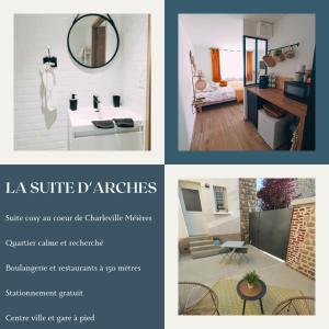 un collage de imágenes de una habitación con espejo en La suite d'Arches en Charleville-Mézières