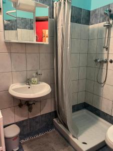 y baño con ducha y lavamanos. en LaRocca studio Apartments, en Piran