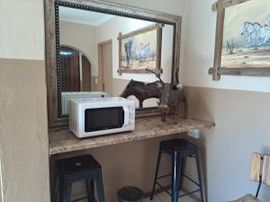 a microwave on a shelf in a room with a mirror at Sleep 'n Go Guesthouse in Mokopane