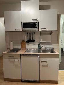 a small kitchen with a sink and a microwave at Wohlfühl Apartment in Wendelstein