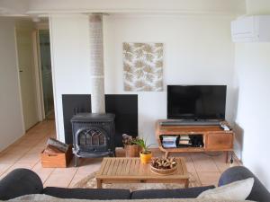 a living room with a fireplace and a television at Maleny Homestead & Cottage in Maleny