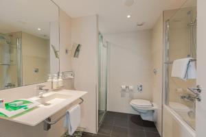 La salle de bains est pourvue d'un lavabo, de toilettes et d'une douche. dans l'établissement Holiday Inn Mulhouse, an IHG Hotel, à Mulhouse