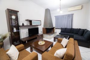 Casa con pozo Platamonas في بلاتامون: غرفة معيشة مع أريكة وتلفزيون