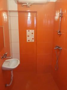 a bathroom with a sink and a shower at Hostel Victoria in Silistra