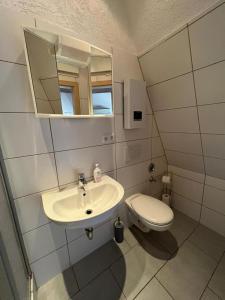 La salle de bains est pourvue d'un lavabo, de toilettes et d'un miroir. dans l'établissement DO One Bedroom Flat, à Dortmund