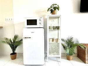 einen weißen Kühlschrank mit einer Mikrowelle darüber in der Unterkunft Estudio Naturista Indalo in Vera