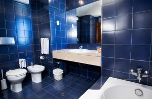 a blue tiled bathroom with a toilet and a sink at Hotel Eurosol Leiria & Jardim in Leiria
