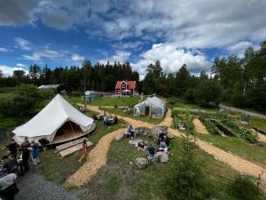 a group of people standing around a tent in a field at Slow Life Sweden - Stuga Andersson in Vedevåg