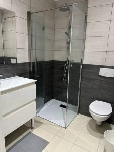 uma casa de banho com um chuveiro, um WC e um lavatório. em Appartement en résidence em La Ciotat