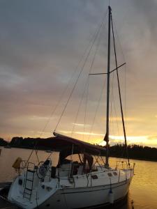Soluppgång eller solnedgång från båten