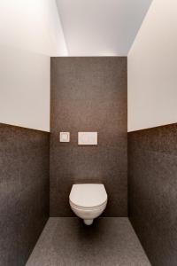 a bathroom with a white toilet in a room at außergewöhnliches loft in ehemaligem stallgebäude 