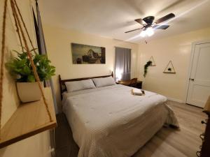 a bedroom with a bed and a ceiling fan at Room Near Downtown UofL,Airport&ExpoCenter in Louisville