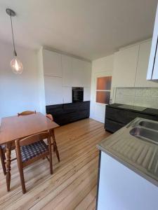 uma cozinha com uma mesa e uma cozinha com um lavatório em Spacious Apartment - green & peaceful em Liubliana