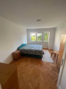 um quarto com uma cama e uma janela em Spacious Apartment - green & peaceful em Liubliana