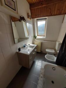 a bathroom with a sink and a toilet and a mirror at Lago Ballano 