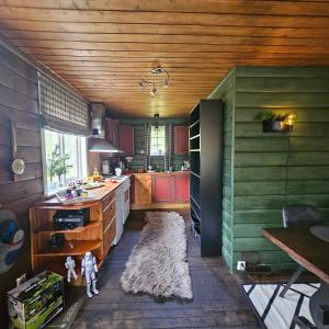 eine Küche mit grünen Wänden und einer Holzdecke in der Unterkunft Bjørnebu- Ski in-ski out in Kvam