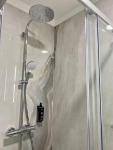 um chuveiro numa casa de banho com uma porta de vidro em Hotel am Waldkasino em Erfurt
