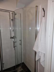 a bathroom with a shower with a glass door at Cosy Apartment in heart of Stockholm Sweden in Stockholm