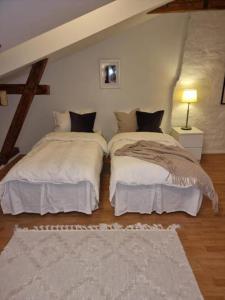 a bedroom with two beds and a rug at Cosy Apartment in heart of Stockholm Sweden in Stockholm