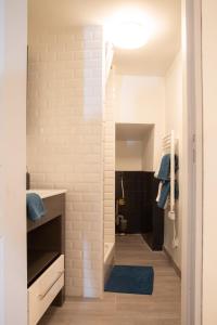 Łazienka z białą ceglaną ścianą i garderobą w obiekcie Petit Studio Secret - Coeur de Provence - 4 personnes w mieście Volx