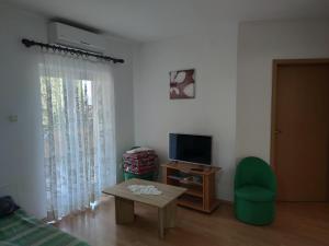 un soggiorno con TV e sedia verde di Apartments Dijana a Krk