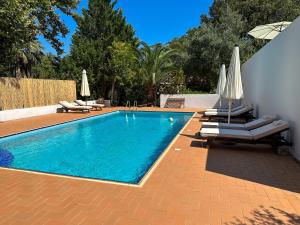 a swimming pool with chairs and umbrellas on a patio at The hidden villas in Kolios