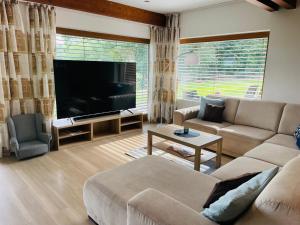 a living room with a couch and a large television at Dům nad Pržnem in Jablŭnka