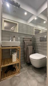 La salle de bains est pourvue d'un lavabo et de toilettes. dans l'établissement ABSOLU Vilnius apartment, à Vilnius