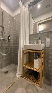 La salle de bains est pourvue d'un lavabo et d'une douche. dans l'établissement ABSOLU Vilnius apartment, à Vilnius