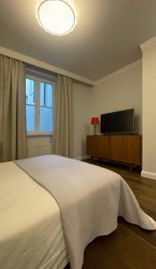 - une chambre avec un lit et une télévision à écran plat dans l'établissement ABSOLU Vilnius apartment, à Vilnius