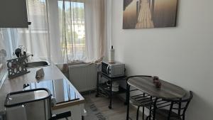 een keuken met een tafel, stoelen en een aanrecht bij Appartment Flower in Duisburg