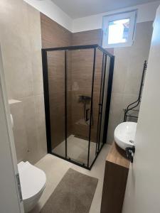 a bathroom with a shower and a toilet and a sink at Guesthouse Davorka Bijelić in Murter