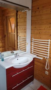 La salle de bains est pourvue d'un lavabo et d'un mur en bois. dans l'établissement Ferienhaus Bliev-Hee Nr 4, à Klink
