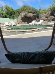 a hammock with a view of a pool and chairs at 2 Bedrooms - Rock Palma Apartments in Noord