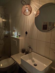 a bathroom with a sink and a toilet and a mirror at Mazury Holiday Cottage in Piecki